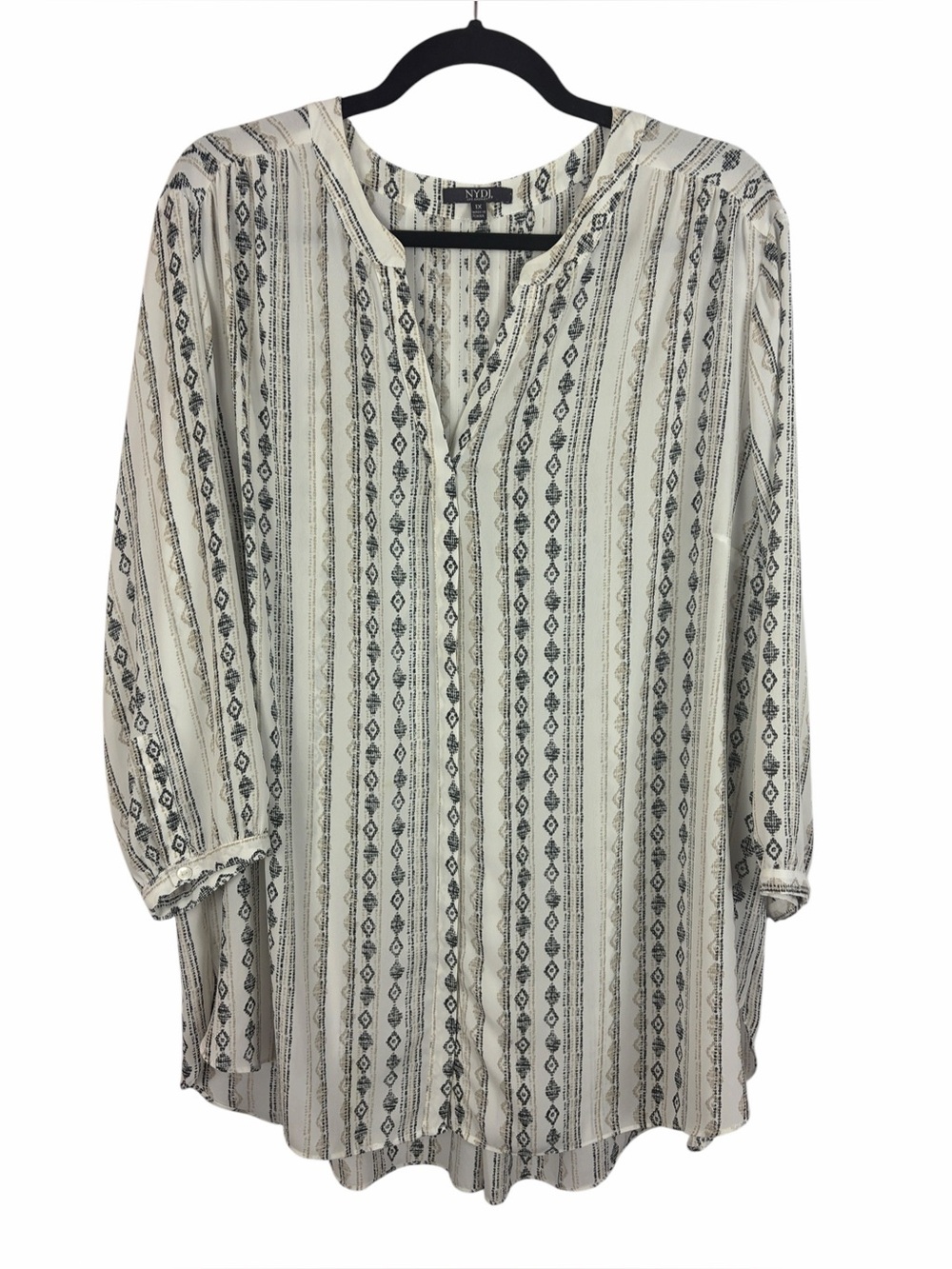NYDJ Los Angeles Boho Print Peasant Blouse 1X Ivory Black Roll Tab Sleeve